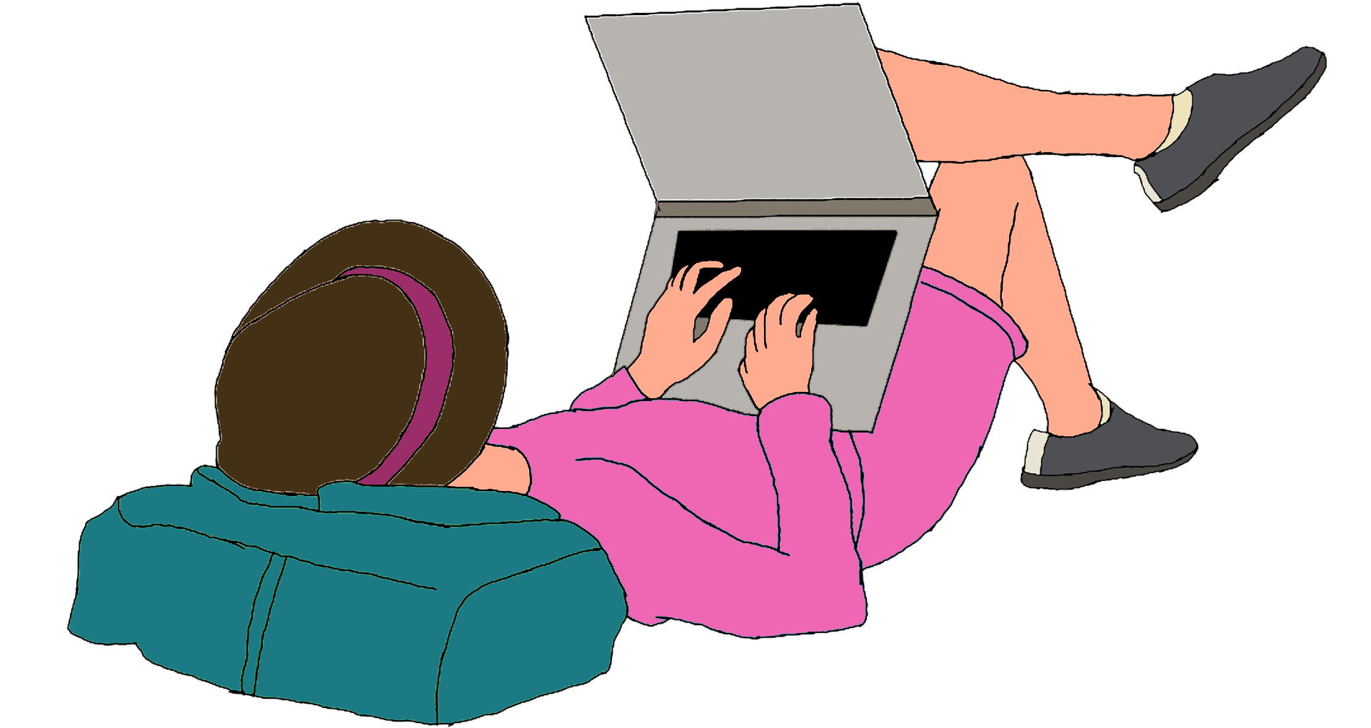 Illustration pour l'article du Blog de Liz CMS, pas SMS ! : une femmeécrit sur son ordinateur en position de détente